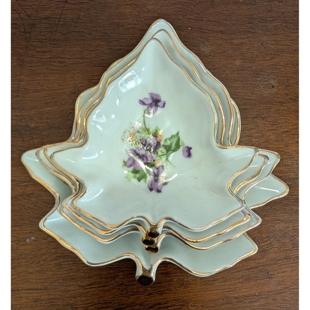 Vintage Norcrest Nesting Leaf Shaped Dishes With Sweet Violet Design Set Of‎ 4